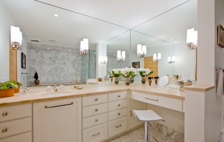 Huge bathroom mirrors for views from every angle in Minneapolis remodel.